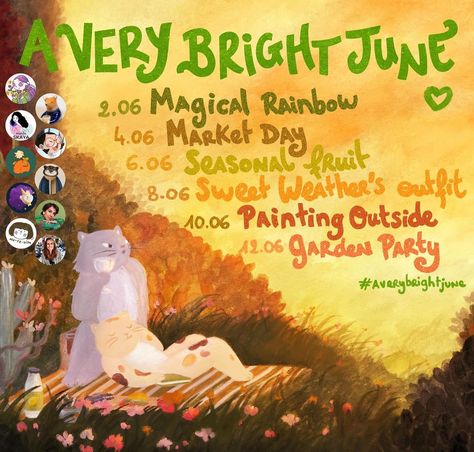 A Very Bright June 2024 Art Challenge Prompt List Prompt List, 2024 Art, Art Challenges, June 2024, Fruit In Season, Art Challenge, Garden Party, The Outsiders, Art