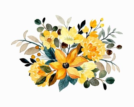 Yellow floral watercolor bouquet Premium... | Premium Vector #Freepik #vector #flower #watercolor #floral #leaves Yellow Flower Art, Fleur Orange, Watercolor Bouquet, Flower Background Wallpaper, Floral Stickers, Watercolor Flower Art, Botanical Watercolor, Watercolor Flowers Paintings, Flower Art Painting