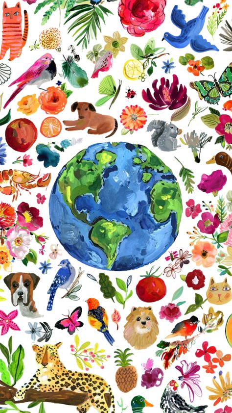 for earth day! #earth #paint #color #animals #fruit #nature Day Earth, Wallpaper Earth, Planets Wallpaper, Animal Doodles, Nature Play, Watercolor Wallpaper, Cute Patterns Wallpaper, Homescreen Wallpaper, Save Earth