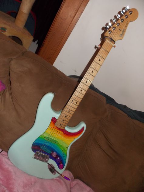 Rainbow Guitar, Myself Drawing, Colorful Guitar, Guitar Classes, Cool Instruments, Guitar Aesthetic, Pick Guard, Pretty Guitars, Instruments Art