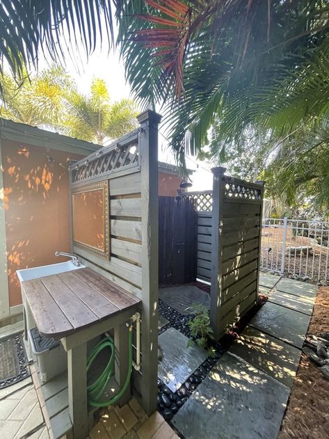 Garden Utility Area, Outdoor Shower And Dog Wash, Outdoor Laundry Area Patio, Outdoor Washing Station, Outdoor Washing Area, Fish Cleaning Station Ideas, Hipcamp Ideas, Outdoor Utility Sink, Outdoor Sink Ideas