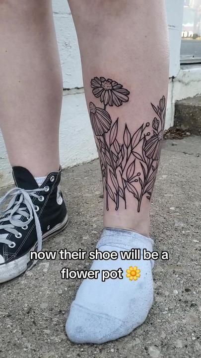 Flower Pot Ankle Tattoo, Flower Garden Tattoo Ankle, Flowers Growing From Ankle Tattoo, Wildflower Ankle Tattoo Wrap Around, Flowers Around Ankle Tattoo, Ankle Flower Tattoo Wrap Around, Floral Ankle Tattoo Wraps, Wildflower Leg Tattoo, Flower Pot Tattoo