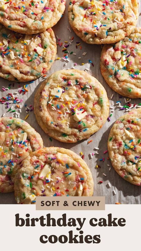 These soft and chewy birthday cake cookies are full of white chocolate and rainbow sprinkles. They're made with clear vanilla extract for that classic birthday cake flavour in cookie form! Classic Birthday Cake, Cookies With Sprinkles, Birthday Cake Cookies, Cookies With White Chocolate, Classic Birthday, Birthday Cake Flavors, Birthday Baking, Cookie Cake Birthday, Baked Dessert