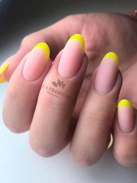 Acrylic Nails Yellow, Cute Almond Nails, Acrylic Nails Almond Shape, Neon Yellow Nails, Almond Nails French, Yellow French, Yellow Nails Design, French Tip Nail Designs, Almond Shape Nails