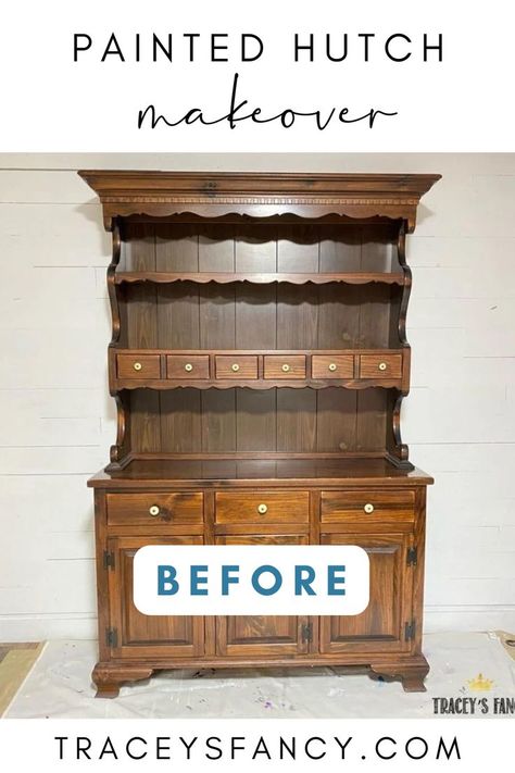 American hutch before -- shiny and wooden and blocky Farmhouse China Hutch, Painted Hutch Ideas, Painted China Hutch, White China Cabinet, Painted Armoires, Whimsical Painted Furniture Ideas, White China Cabinets, Ethan Allen Furniture, Painted Hutch