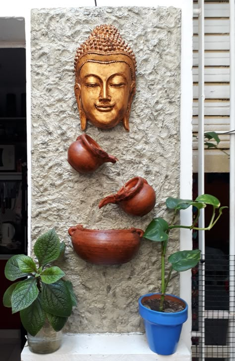 Buddha Water Fountain Wall, Buddha Wall Decor Interior Design, Buddha Wall Decor, Water Wall Fountain, Buddha Home Decor, Garden Wall Designs, Unique Garden Decor, Buddha Decor, House Wall Design