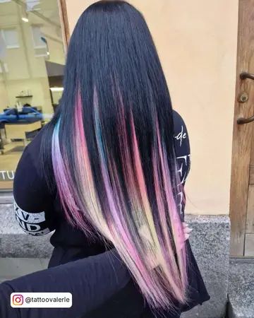 Long Black And Pastel Rainbow Peekaboo Hair Black Rainbow Hair, Black And Rainbow Hair, Rainbow Peekaboo Hair, Rainbow Peekaboo, Thick Highlights, Pastel Rainbow Hair, Rainbow Highlights, Wild Hair Color, Peekaboo Hair