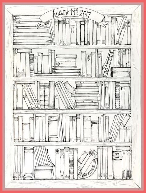 Bookshelf Drawing, Shelf Drawing, Library Concept, Books Sketch, Identity Presentation, Library Drawing, Book Themed Wedding, Unique Guest Book, Wedding Guest Book Alternative