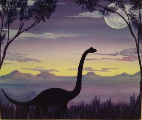 Jurassic Park Painting, Dino Island, Hosting Events, Dinosaur Painting, Paint Nite, Painting Canvases, Easy Canvas Painting, Dinosaur Art, Night Painting