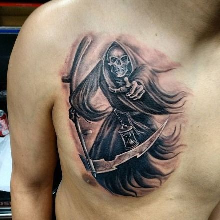 Grim Reaper Tattoos, Flower Tattoo Ideas, Dog Memorial Tattoos, Grim Reaper Tattoo, Reaper Tattoo, Grim Reaper Art, Clock Tattoo Design, Cross Tattoo Designs, Chest Tattoos