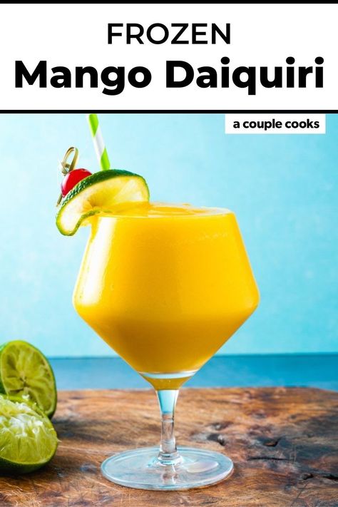 This bright yellow mango daiquiri is everything sunny and tropical! It's quick and easy to mix up in a blender. #mango #mangodaiquiri #daiquiri #daiquirirecipe #mangodaiquirirecipe #frozendaiquiri Frozen Mango Daiquiri Recipe, Yellow Cocktails Recipes, Yellow Cocktails Drink, Yellow Alcoholic Drinks, Yellow Drinks Alcohol, Mango Daquiri Recipe, Mango Cocktail Recipes, Cointreau Cocktail Recipes, Mango Daiquiri Recipe