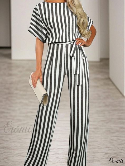 Eromis - Striped Print Jumpsuit with Waist Tie and Wide-Leg Pants Pant Outfits For Women, Jumper Suit, Cocktail Jumpsuit, Long Pants Outfit, Leopard Print Jumpsuit, Long Pant Jumpsuit, Belt Women, Backless Jumpsuit, Print Jumpsuit