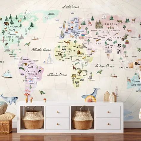 World Maps Wallpaper, Maps Wallpaper, Boys Room Wallpaper, World Map Mural, Playroom Wallpaper, Girls Room Wallpaper, Map Wall Mural, Kids World Map, Map Murals