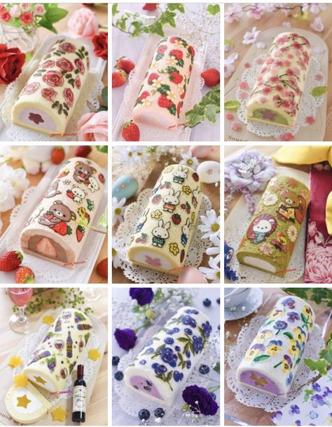 Birthday Roll Cake, Roll Cake Design, Roll Cake Ideas, Vegan Roll Cake, Cake Roll Recipes With Design, Floral Swiss Roll, Cake Roll Design, Japanese Roll Cake Recipe, Swiss Roll Cakes Aesthetic