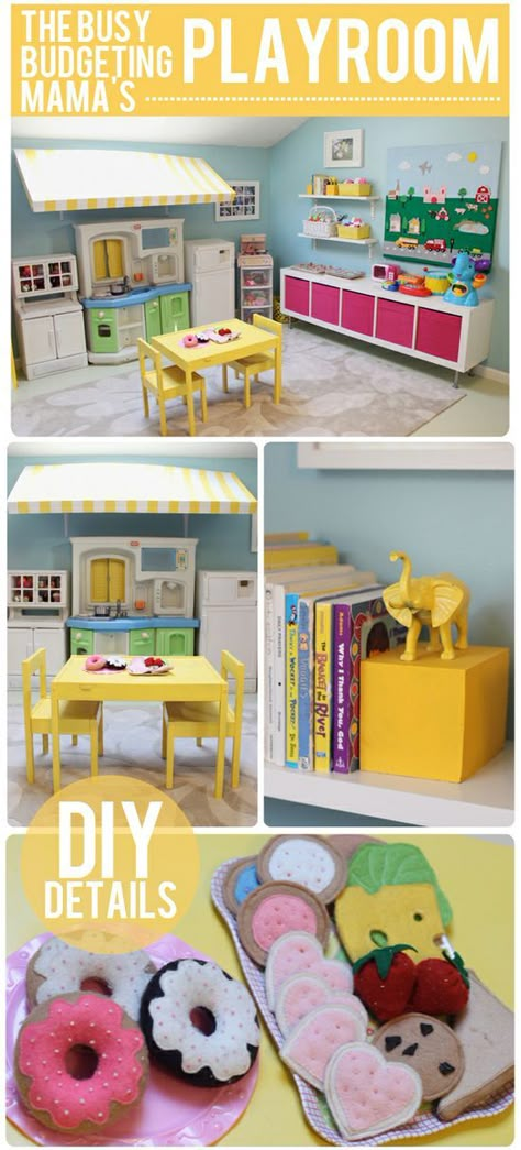 I want to play here - The Busy Budgeting Mama: Our Playroom Reveal - DIY Details  Storage Solutions!. Basement Playroom, Girls Playroom, Play Spaces, Things To Make, Toy Rooms, Toddler Room, Kids Playroom, Kid Spaces, Kids' Room