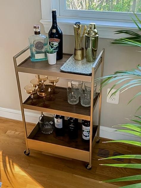 DIY Bar Cart IKEA Hack. Make these stylish and functional bar cart for your home Nissafors Bar Cart, Nissafors Ikea Hack, Diy Bar Cart Ikea, Bar Cart Ikea, Ikea Bar Cabinet, Ikea Laptop Table, Bar Cart Diy, Bar Cart Hack, Ikea Bar Cart