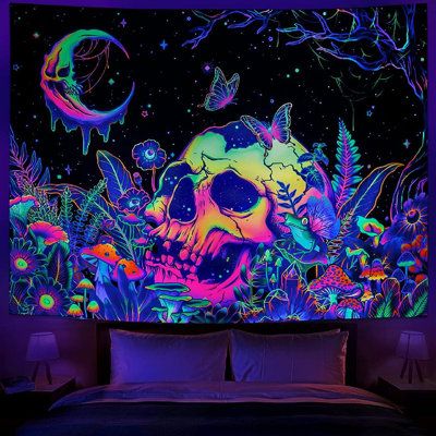 MATERIAL:UV reactive moon stars tapestry is made of lightweight polyester fiber, soft and comfortable, lightweight and easy to hang. Size: 70.8" H x 70.87" W x 0.01" D | East Urban Home Wall Decor, Polyester in Black / Blue, Size 70.8 H x 70.87 W x 0.01 D in | Wayfair | Home Decor Plant Tapestry, Mushroom Tapestry, Skull Tapestry, Space Tapestry, Trippy Mushroom, Uv Reactive, Moon Stars, Tapestry Wall, Tapestry Wall Hanging