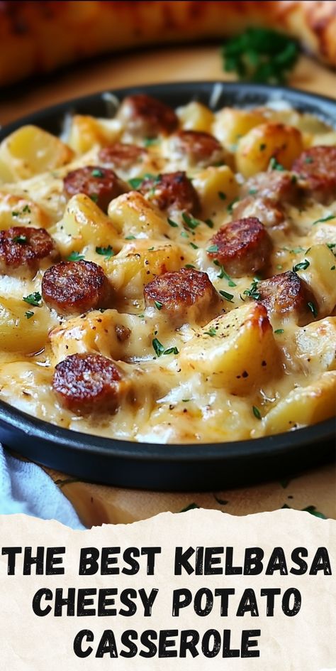 Indulge in this delicious Kielbasa and potatoes cheesy casserole, the perfect comfort food for any night! This easy kielbasa recipe is loaded with smoked sausage, cheesy potatoes, and rich flavors that the whole family will love. Try this hearty and satisfying dish today! Sausage And Cheesy Potatoes, Kielbasa Bake, Easy Kielbasa Recipes, Kielbasa Recipe, Cheesy Casserole Recipes, Kielbasa And Potatoes, Potatoes Casserole, Smoked Sausage Recipes, Kielbasa Recipes