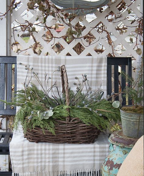 Small Front Porch Christmas Decorations - The Honeycomb Home Front Porch Christmas Decorations, Porch Christmas Decorations, Small Front Porch Christmas, Christmas Lights Outside, White Pine Tree, Small Front Porch, Wooden Welcome Signs, Front Porch Christmas, Christmas Front Porch