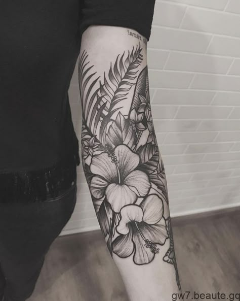 Tropisches Tattoo, Tiger Tattoo Thigh, Blatt Tattoos, Tropical Flower Tattoos, Tatuaje Trash Polka, Sagittarius Tattoo Designs, Men Flower Tattoo, Tattoo Homme, Tropical Tattoo