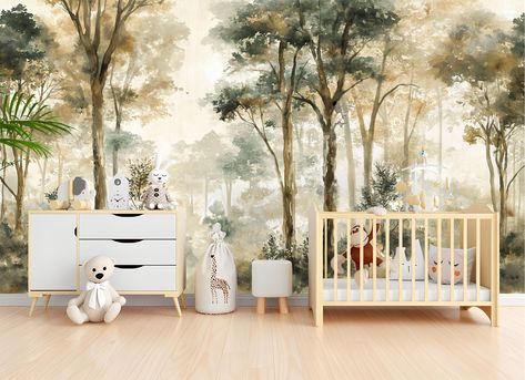 Woodland Wall Mural Forest Wallpaper: Immerse yourself in the serene beauty of a woodland forest with our high-quality wallpapers. Peel and Stick: Our Woodland Wall Mural Forest Wallpaper comes in a user-friendly peel and stick format. It works like a big sticker - peel off the backside and attach it to the surface! Customers can install it without professional help, making it a perfect choice for DIY enthusiasts looking for an easy and quick room transformation. Prepasted Non-Woven Wallpaper: T Baby Nursery Woodland Theme, Nursery Forest Mural, Forest Nursery Mural, Nursery Wallpaper Forest, Forrest Nursery Mural, Forest Baby Nursery Mural, Kids Bedroom Forest Mural, Forest Kids Room, Enchanted Forest Nursery