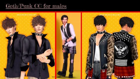 A small list of gothic/ punk clothing cc for males! If that's what you've been looking for check this out! Sims 4 Work Outfit, Punk Sims 4 Cc, Sims 4 Punk, Bayonetta Glasses, Sims Background, Background Characters, Punk Shoes, Punk Pins, Street Punk