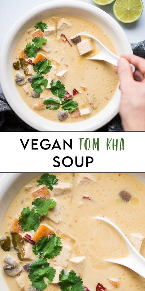 Tofu Tom Kha Soup, Vegetarian Tom Kha Soup, Vegan Soup With Tofu, Vegan Tofu Sauce Recipes, Vegan Tom Kha Soup, Thai Vegan Recipes, Tofu Soup Recipes, Tom Kha Soup, Simple Vegan Recipes