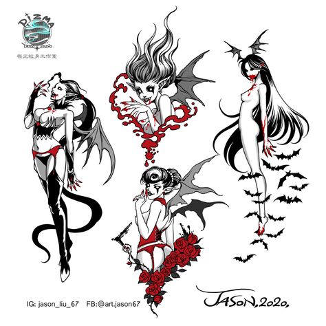 sketches of vampire women as reference for tattoo designs Vampire Tattoo Ideas, Vampire Tattoo Designs, Tattoo Ideas Simple, Vampire Tattoo, Z Tattoo, Traditional Tattoo Sleeve, Japan Tattoo Design, Magic Tattoo, Alien Tattoo