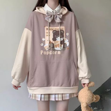 Japonés Otoño e Invierno sudaderas con capucha nuevas para chicas adolescentes estudiante kawaii lolita Sudadera con capucha de color suelto gótico tendencia con capucha _ - AliExpress Mobile Kawaii Hoodies, Oversize Sleeves, Bear Hoodie, Kawaii Fashion Outfits, Anime Hoodie, Kawaii Clothes, Hoodie Girl, Soft Girl, Colorful Hoodies