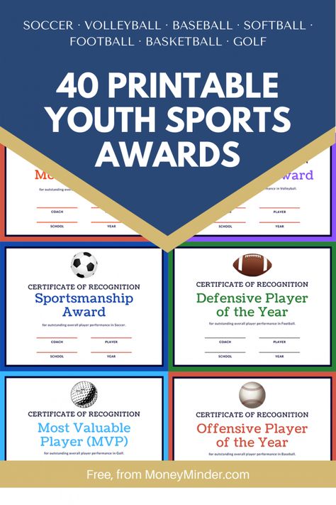 Youth Sports Award Ideas with 40 Free Printable Certificates - MoneyMinder Football Awards Ideas, Sports Award Banquet Ideas, Team Awards Ideas Sports, Team Awards Ideas, Sports Awards Ideas, Banquet Awards Ideas, Youth Football Banquet Ideas, Softball Award Ideas, Soccer Award Ideas