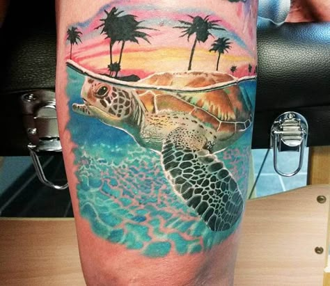 Amazing 3 colors realistic tattoo style of Turtle in sea motive done by tattoo artist Jacob Sheffield | Post 19688 | World Tattoo Gallery - Best place to Tattoo Arts Tropisches Tattoo, Underwater Tattoo, Hawaiian Tattoos, Sea Turtle Tattoo, Shell Tattoos, Turtle Tattoo Designs, Sea Tattoo, Ocean Tattoos, Landscape Tattoo