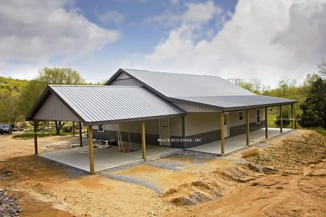 40x48x10, 10x48 porches, 24x24x9 gable extention #postframebuilding #polebarn #construction #metalbuilding #barn #middletennessee #tennessee #barndominium Metal Building Add On, Barndominium With Carport, Barndominium Front Porch Metal Buildings, Shed Roof Barndominium, Tennessee Barndominium, Barndo Exterior, Metal Shop Building 40x60 With Lean To, Pole Barn Houses, Preengineered Metal Building