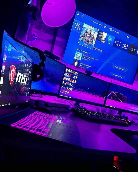 Sid Technology on Instagram: “SPECS/LAST PIC ➡️ A room with everything a gamer needs 👌 Three monitors for pc playing , a big TV for console gaming and an MSI laptop for…” Gaming Ideas, Diy Computer Desk, Gaming Rooms, Msi Laptop, Gaming Desk Setup, Best Gaming Setup, Computer Desk Setup, Gamer Setup, Console Gaming