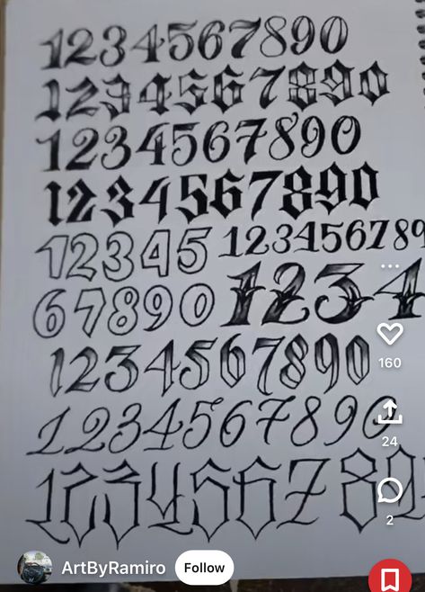 Tattoo Lettering Fonts Numbers, Chicano Number Fonts, Different Number Fonts, Chicano Numbers, Aesthetic Numbers, Number Drawings, Number Tattoo Fonts, Calligraphy Letters Alphabet, Tattoo Fonts Alphabet