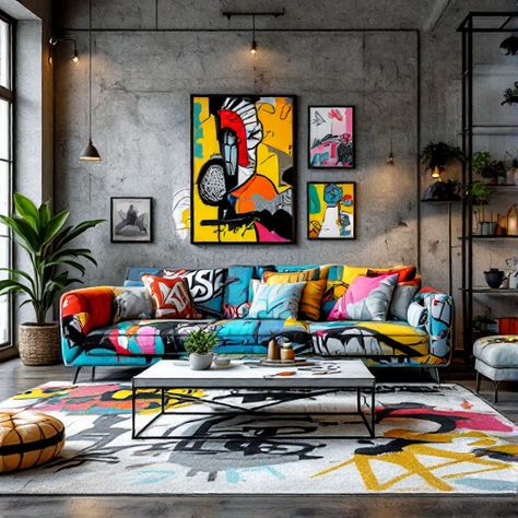 Transform Your Space with Bold Graffiti and Colors!  Looking to inject personality into your living room? Explore this vibrant setup that marries modern design with playful flair. A colorful couch serves as a joyful statement piece, complemented by artistic wall decor that ignites creativity. Plants and a unique area rug add warmth, while industrial accents create an inspiring contrast. Embrace bold accessories and let your creativity flourish!  Photograph - Mia Carter, Location - London Graffiti Sofa, Industrial Accents, Colorful Couch, Artistic Wall Decor, Unique Area Rugs, Bold Accessories, Vibrant Design, Bold Colors, Modern Design