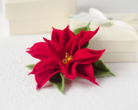 Christmas jewelry poinsettia brooch Xmas by TheSecretGardenFelt Poinsettia Jewelry, Xmas Jewelry, Red Poinsettia, Lapel Flower, Christmas Gathering, Christmas Poinsettia, Christmas Pins, Christmas Tea, Christmas Gift Idea