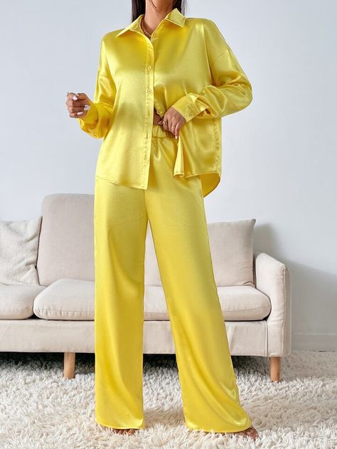 SHEIN BAE Solid Drop Shoulder Shirt & Wide Leg Pants | SHEIN USA Two Piece Trouser And Shirt, 2piece Outfits Pants, Shirt And Trousers Women, 2 Piece Shirt And Trouser, Yellow Two Piece Outfit, Two Piece Outfits Pants Classy, Two Piece Outfits Pants, Satin Suits, Yellow Clothes