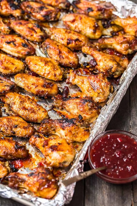 Cranberry Chicken Wings - The Cookie Rookie® Easy Bacon Wrapped Shrimp, Buffalo Wings Recipe Baked, Marinated Wings, Wings Recipe Buffalo, Jellied Cranberry Sauce, Honey Bbq Chicken, Baked Wings, Cranberry Chicken, Christmas Appetizers Party