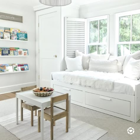 White day bed with drawers and bedding creates a restful and sophisticated appeal at a window fitted with white shutters. Daybed Office, Daybed Room, Window Seat Design, Taupe Walls, Daybed Design, Boys Room Design, Kids Interior Design, Guest Room Office, Playroom Design