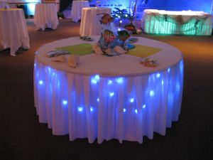 Underlighting on the bride's table or the food table seems festive. #weddingreception Indoor Beach Party, Prom Party Decorations, Outdoor Graduation Parties, Outdoor Graduation, Prom Themes, Winter Dance, Yard Party, Prom Decor, Prom Theme