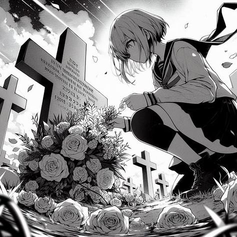 anime manga story illustration with the character in graveyard placing flowers at a headstone extreme skewed perspective from a low angle - Image Creator from Microsoft Designer Anime Graveyard, Manga School, Story Illustration, Vis Dev, Manga Story, Low Angle, Create Sign, Create Image, Anime Background