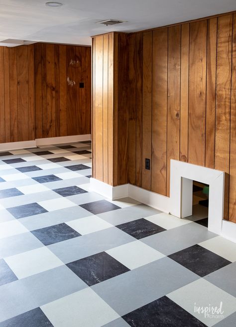 Vct Flooring Ideas, Checkered Basement Floor, Vct Tile Kitchen Floor, Mcm Basement Ideas, 60s Flooring, Tiled Basement Floor, Church Basement Makeover, 1960s Basement, 1970s Flooring