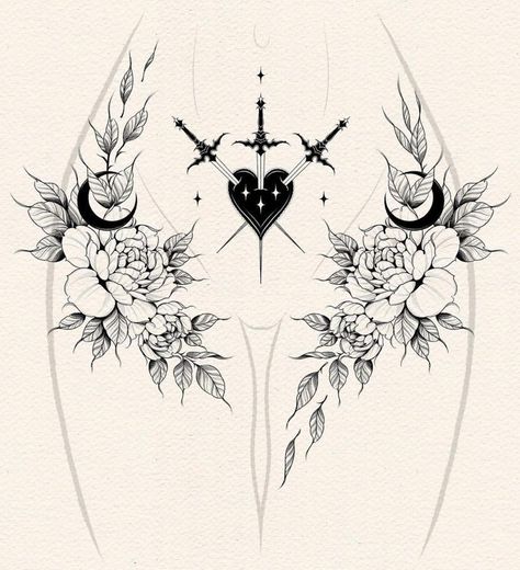 Floral Back Tattoos, Emo Tattoos, Line Tattoo Ideas, Cool Tattoo, Wicked Tattoos, Muster Tattoos, Hip Tattoos Women, Chest Tattoos For Women, Chest Piece Tattoos