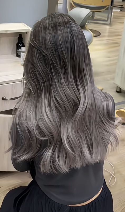 Silver Hair Short Grey Hair, Timeless Hair Balayage Hair Ash Grey, Brown To Grey Balayage, Brown To Silver Balayage, Grey Brunette Hair, Brown Hair With Silver Balayage, Brunette Silver Balayage, Brown To Silver Ombre, Dyed Gray Hair, Grey Balayage Hair