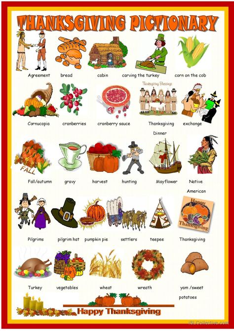 Thanksgiving: pictionary pictionary…: English ESL worksheets pdf & doc Thanksgiving Pictionary, Pictionary For Kids, Cranberry Sauce Thanksgiving, Pilgrim Hat, Picture Dictionary, Vocabulary Practice, Esl Worksheets, Fall Harvest, Free Kids