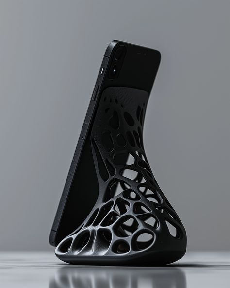 a futuristic phone stand, a product photograph of an advanced, 3d printed phone stand, black PLA, intricate lighting --v 6   --style raw 3d Printing Phone Stand, Phone Stand 3d Print, Futuristic Industrial Design, Ideas Impresion 3d, Cute 3d Printing Ideas, Futuristic Phones, Cool 3d Prints, 3d Printer Art, 3d Printing Ideas