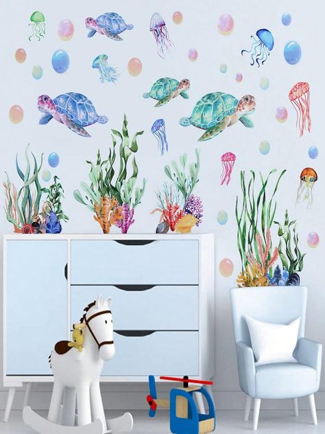 Multicolor  Collar  PVC Graphic  Embellished   Home Decor Turtle Nursery Theme, Corner Nursery, Sea Turtle Nursery, Decoration For Wall, Turtle Nursery, Sea Nursery, Room Children, Bubble Wall, Animal Wall Decals