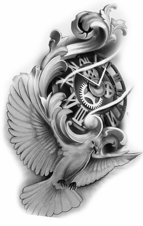 Tato Jam, Time Piece Tattoo, Dove Tattoo Design, Dove Tattoos, Filigree Tattoo, Dove Tattoo, Clock Tattoo Design, Chicano Style, Angel Tattoo Designs