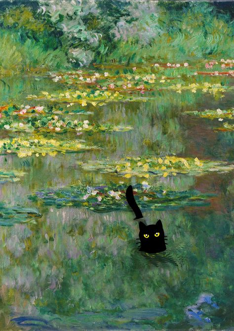 Monet Waterlily Black Cat Print Wall Art Monet, Black Cat Bathroom Art, Cats In Paintings, Poster Colour Art, Print Out Wall Art, Walk Print, Monet Prints, Black Cat Poster, Cute Posters