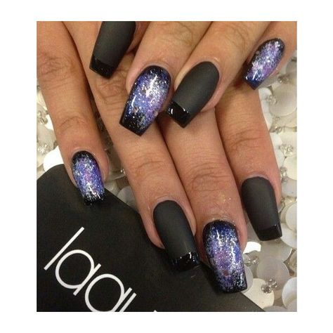 Galaxy Nails Acrylic, Black And Purple Nail Designs, Purple Galaxy Nails, Galaxy Themed Acrylic Nails, Galaxy Sparkle Nails, Black And Purple Galaxy Nails, Dark Blue Galaxy Nails, Black And Purple Nails, Purple And Silver Nails